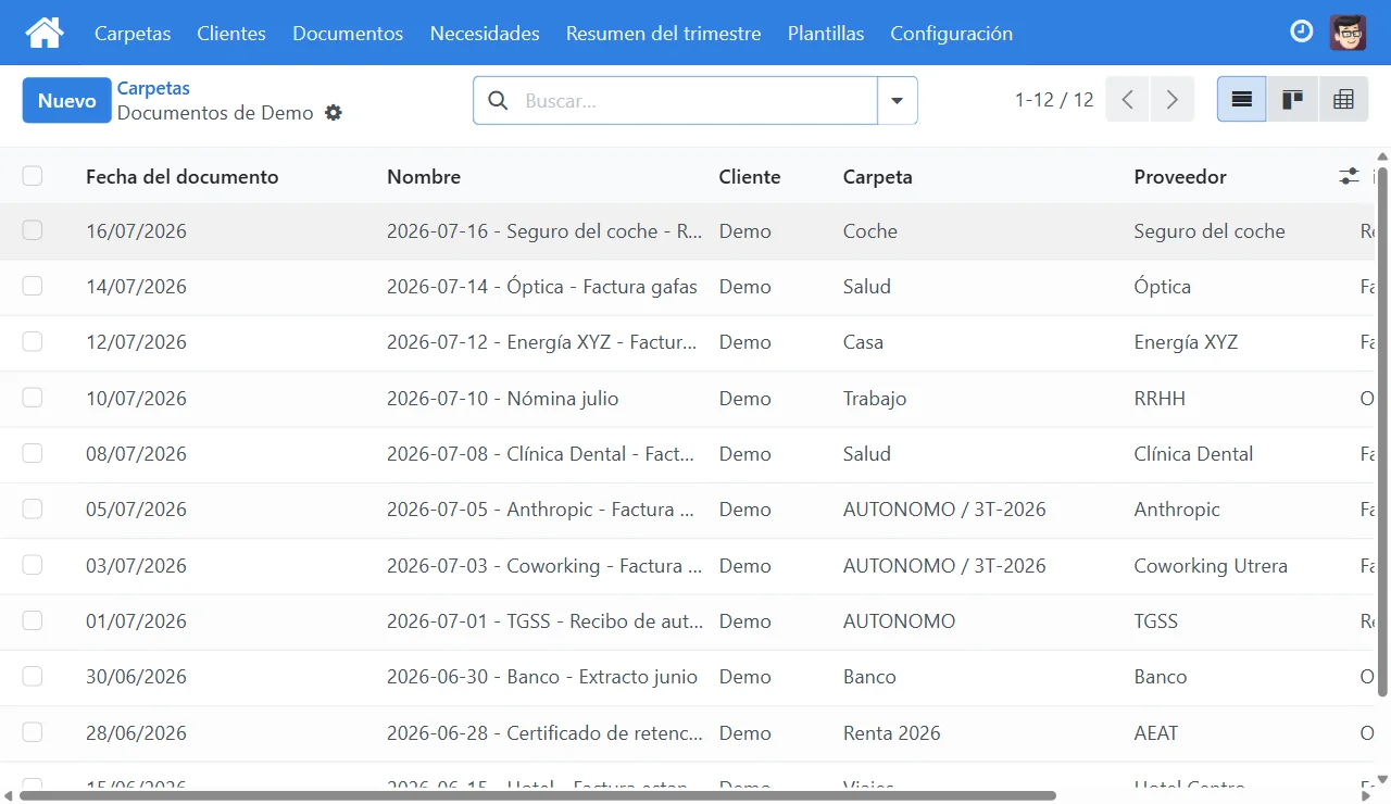 Lista de documentos con carpeta, proveedor, tipo, periodo y estado